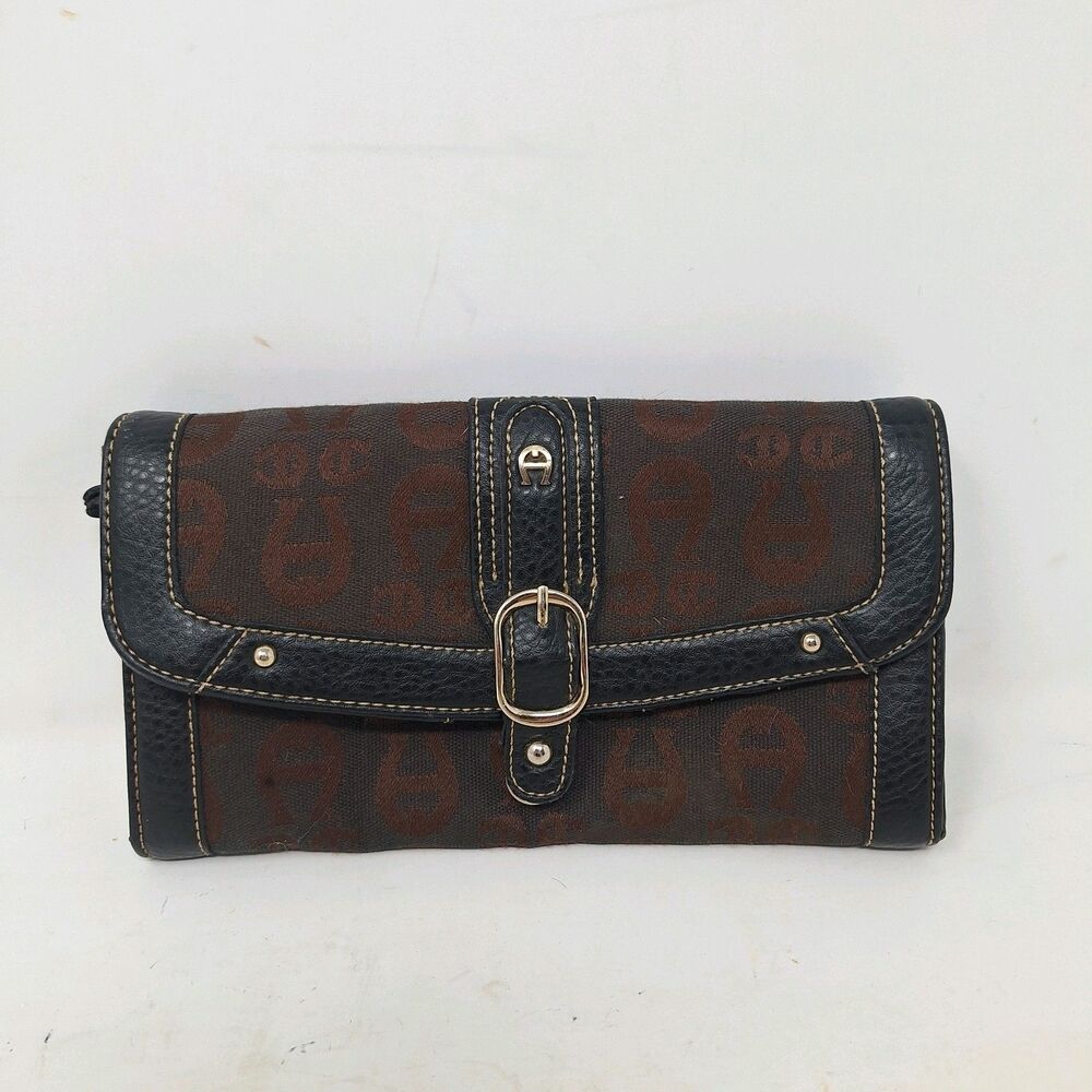 Etienne Aigner Brown Black Leather Signature Jacquard Accordian Snap Wallet